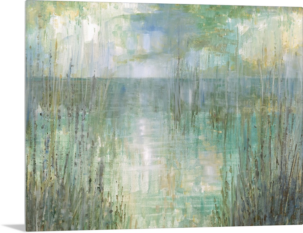 Abstract landscape painting of the ocean behind tall beach grass in pale green, blue, purple, and yellow hues.