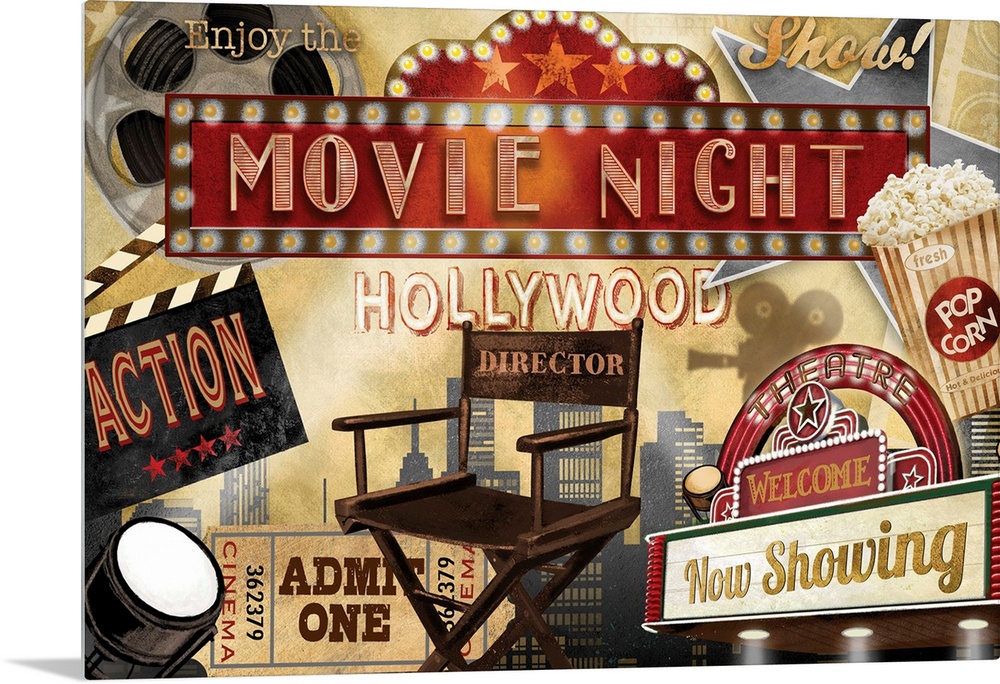A collage of movie theater themed graphic elements featuring a director's chair, popcorn and other cinema themed items.