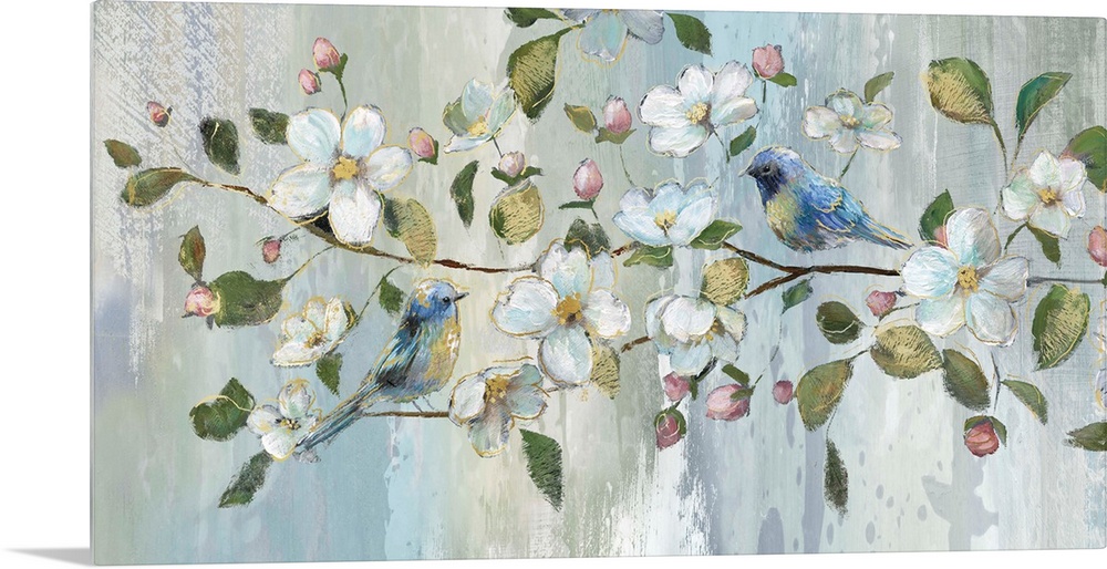 Contemporary painting of two blue birds perched on a branch with white flowers, pink flower buds, and green leaves with go...