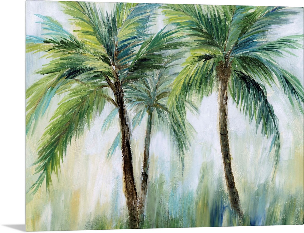 Large palm tree landscape painting in shades of blue, green, yellow, and white.