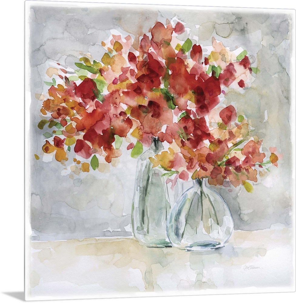 Beautiful square watercolor painting of red and orange flowers in glass vases on a gray and tan background.