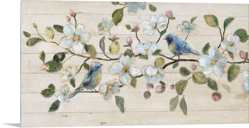 A painting of two birds sitting on a branch surrounded by white flowers on a shiplap background.
