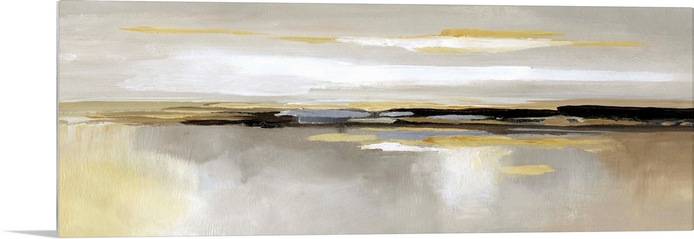 Panoramic abstract painting of various shades of yellow, gray and white that accentuates a centered black horizontal line.