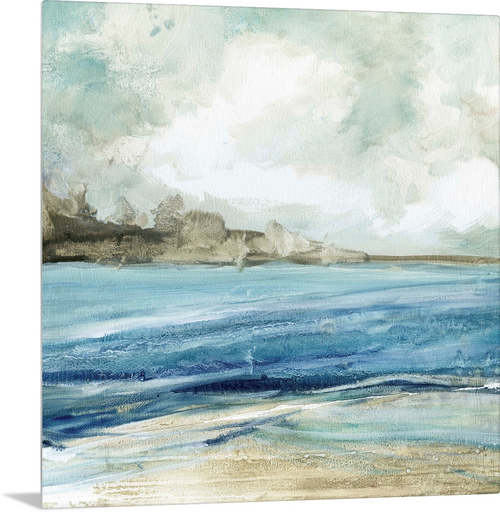 Abstract painting of the beach with layers of blue, gray, and white hues.