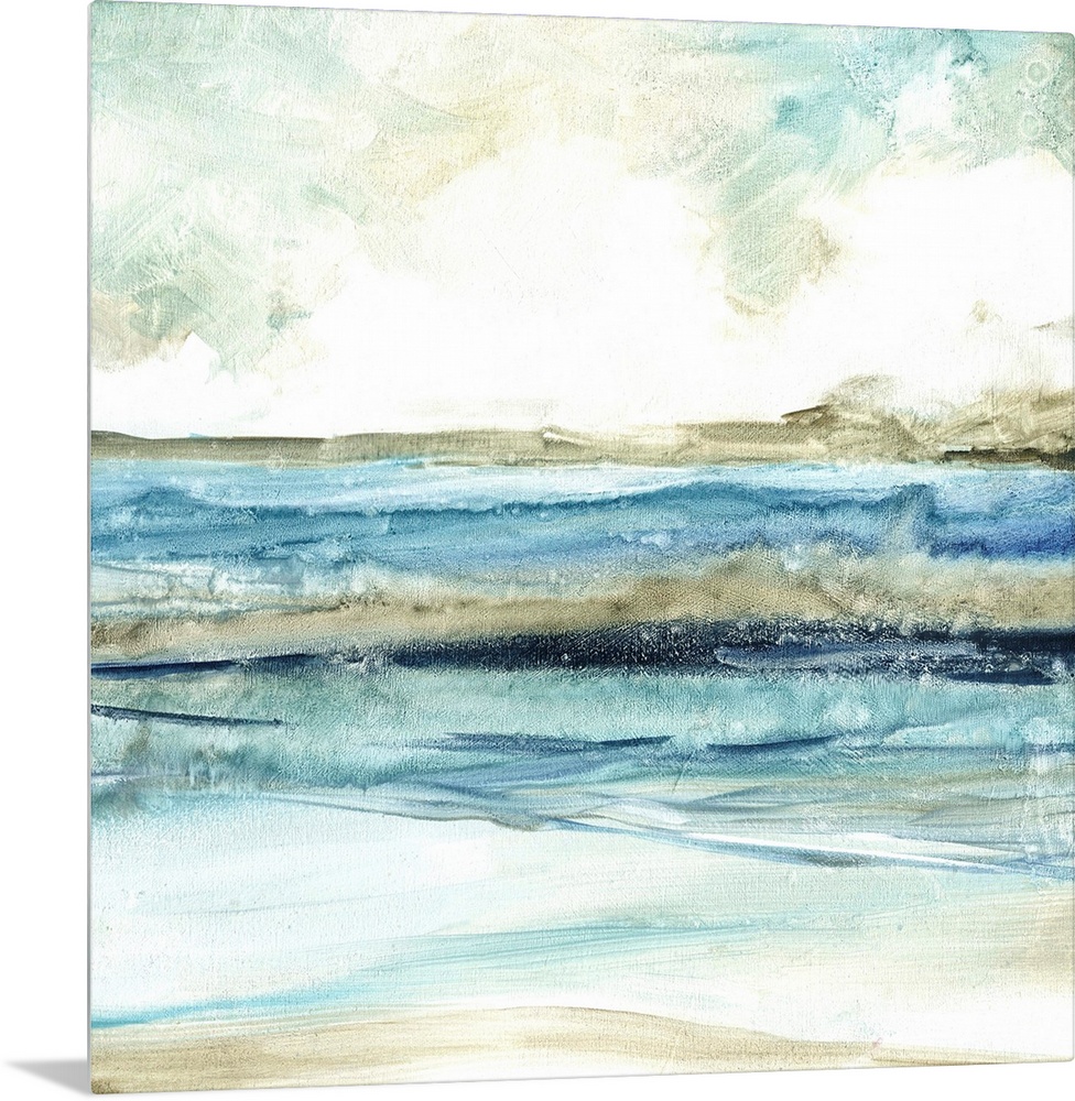 Abstract painting of the beach with layers of blue, gray, and white hues.