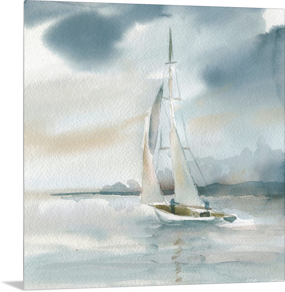 Square watercolor painting of a sailboat on the ocean in shades of blue and beige.