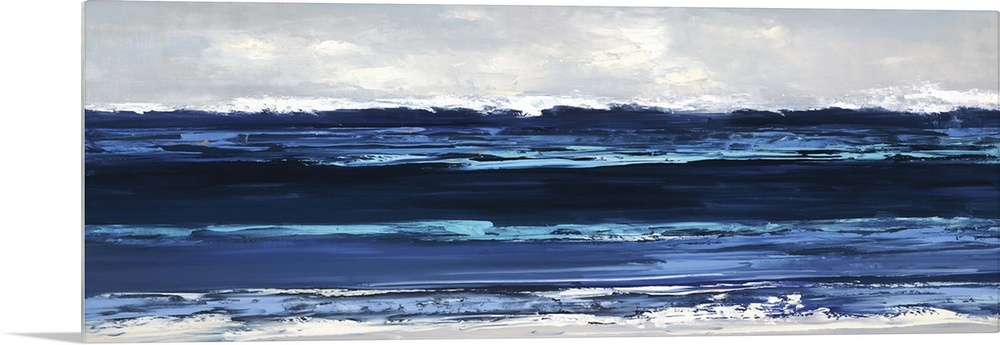 Panoramic painting of horizontal brush strokes illustrating waves of the ocean coming to shore.