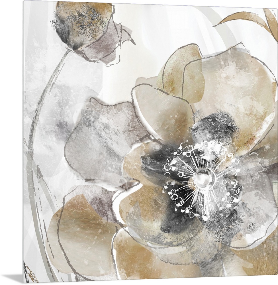 Square painting of poppy flowers in shades of gold and silver with white highlights.