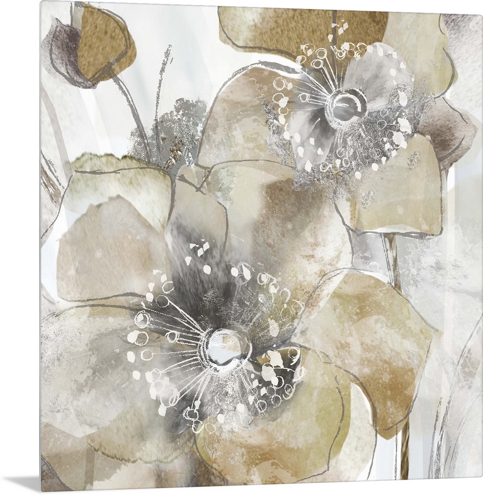 Square painting of poppy flowers in shades of gold and silver with white highlights.