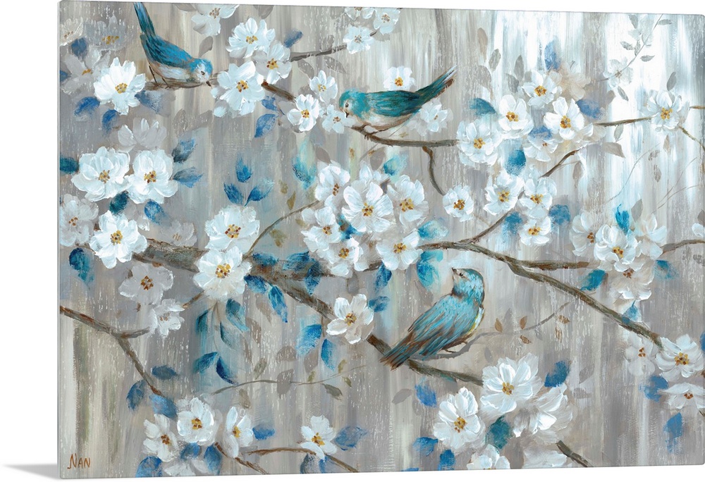 A sweet scene of three blue birds sitting among the branches of a tree laden with white blossoms. The neutral colorscheme ...