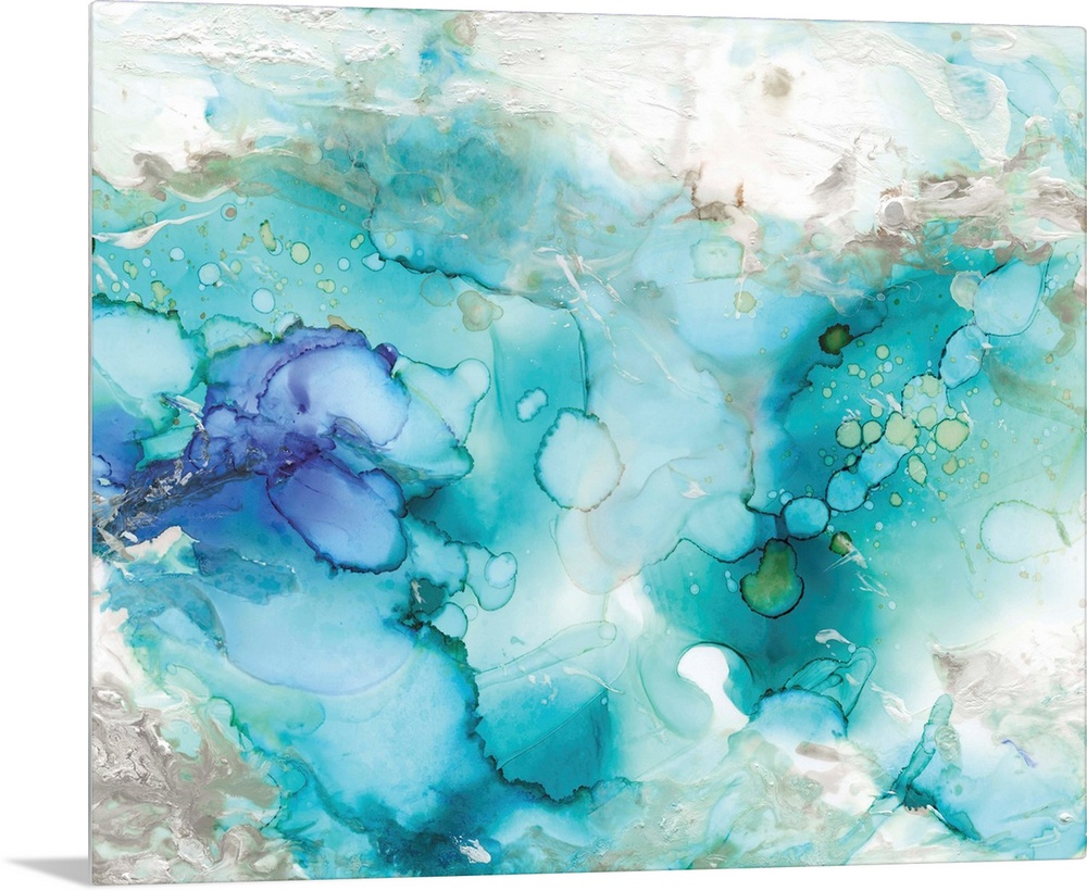Large abstract watercolor painting in shades of blue, grey, and green marbling together.