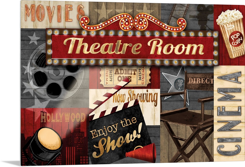 A collage of movie theater themed graphic elements featuring a director's clap board, film reel and other cinema themed it...