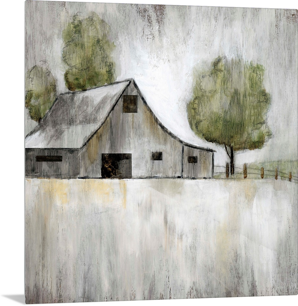 Illustration of an old grey barn with a few trees on a grey landscape.