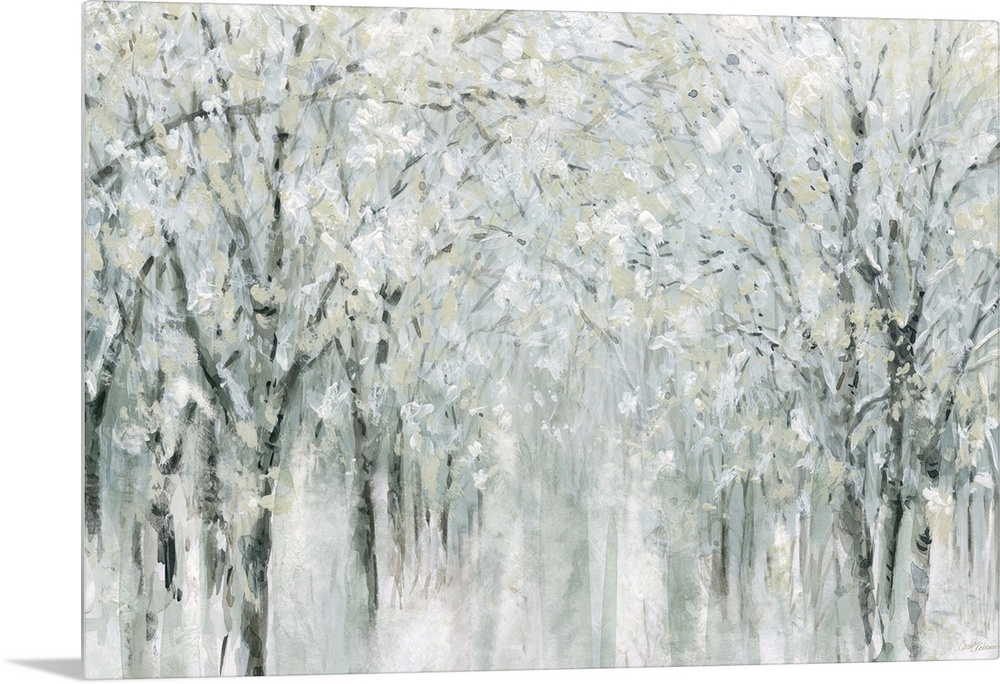 Abstract painting of a winter scene with snow covered trees.