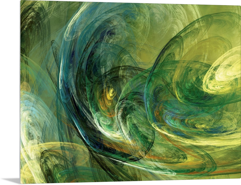 Swirling fractal patterns overlap in an abstract horizontal artwork.