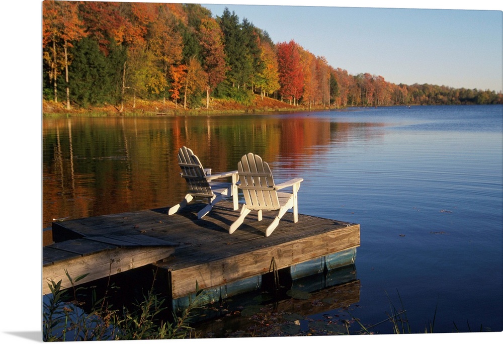 Adirondack Chairs On Dock At Lake