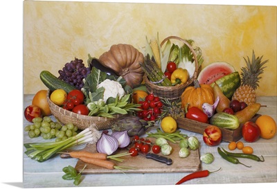 Assorted vegetables and fruits on table