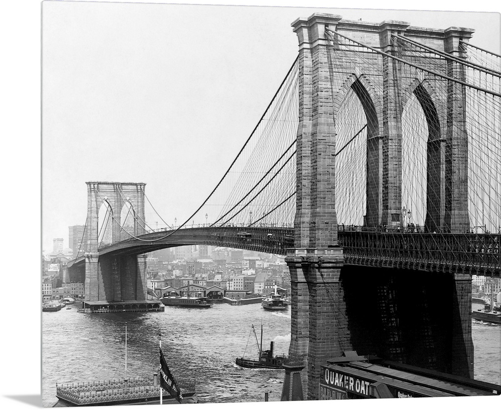 A view of the Brooklyn Bridge which spans across the East River connecting Manhattan Island to Brooklyn. ca. 1900, New Yor...