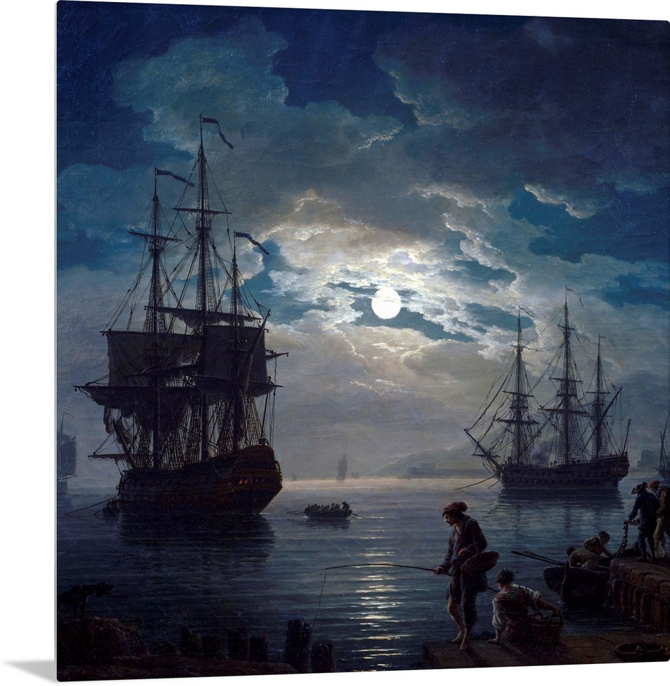 Fishing by Moonlight Night view of a harbor. Detail. Painting by Joseph Vernet (1714-1789) 1773 Louvre Museum, Paris