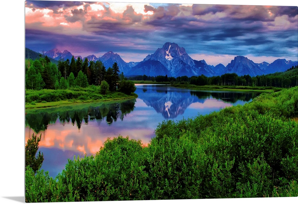 Giant, landscape photograph of morning light breaking through a stormy cloud cover over the Snake River, at Oxbow Bend in ...