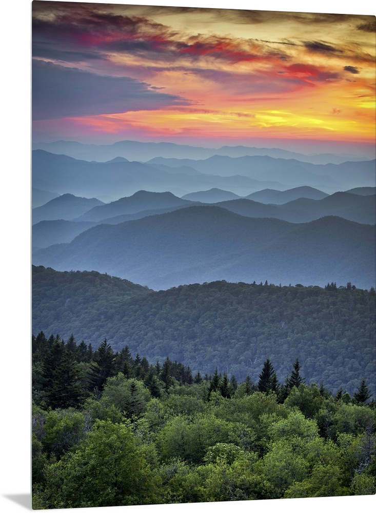 Blue Ridge Parkway scenic landscape with the Appalachian Mountain ridges and sunset  over Great Smoky Mountains National P...