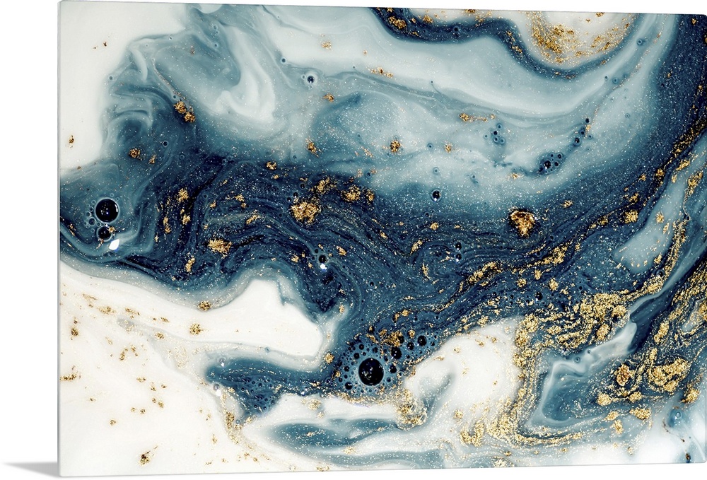 Fluid/liquid art with golden powder and sequins. Marble effect painting. Turkish paper.