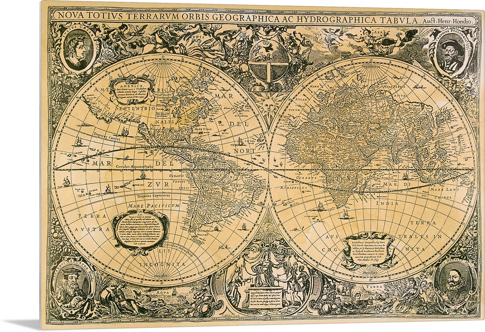 An antique map that displays faded text and decorative drawings on the outside of two circles representing the two sides o...