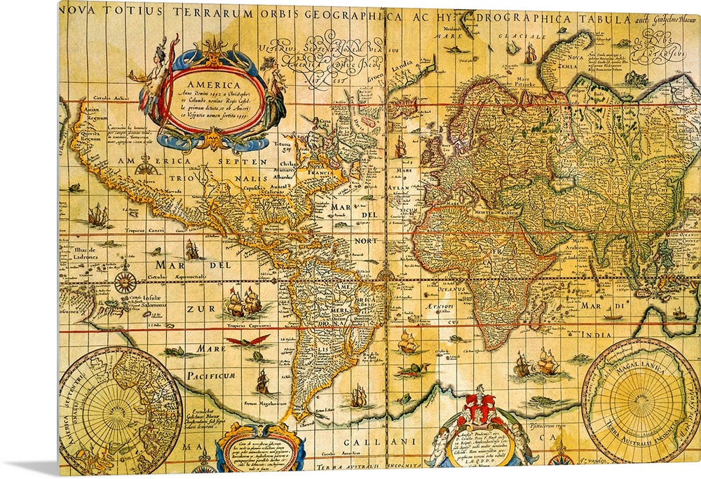 Photograph of an antique map of the world portraying the continents with latitude and longitude lines and symbols depictin...