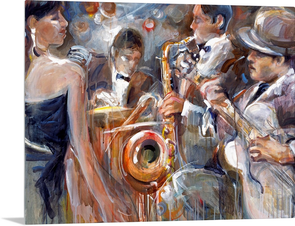 Loose, gestured painting of a band of musicians performing in formalwear, including a female lead singer, guitarist, saxop...