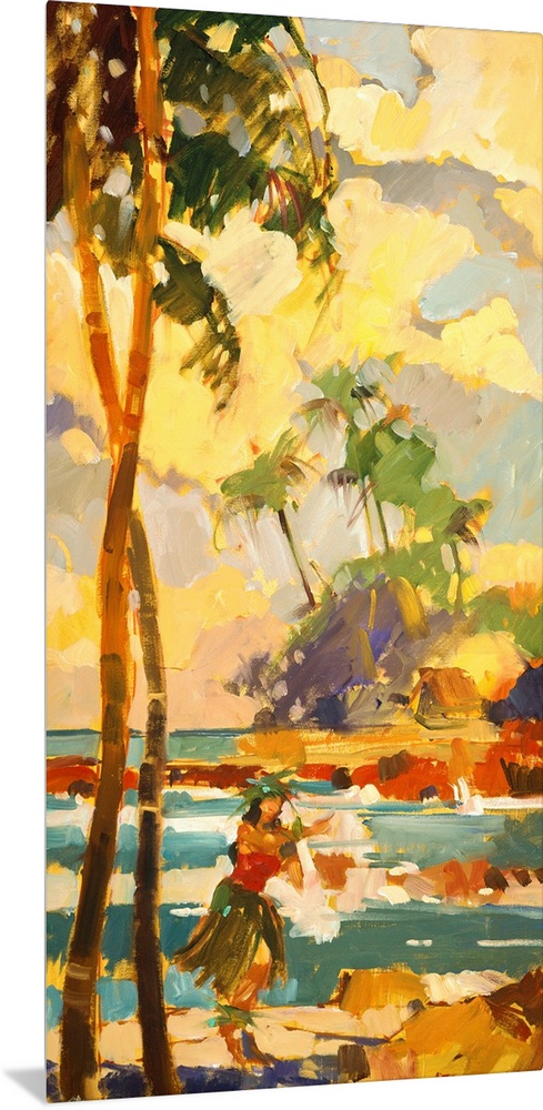 Oversized vertical painting of a female Hawaiian dancer in a grass skirt, on the beach, standing beneath two very tall pal...
