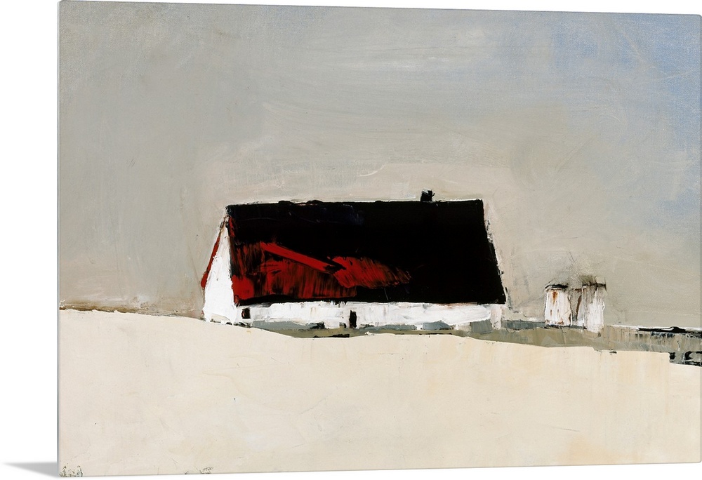 Contemporary painting of a red roof barn sitting on a white field with two silos in the background.