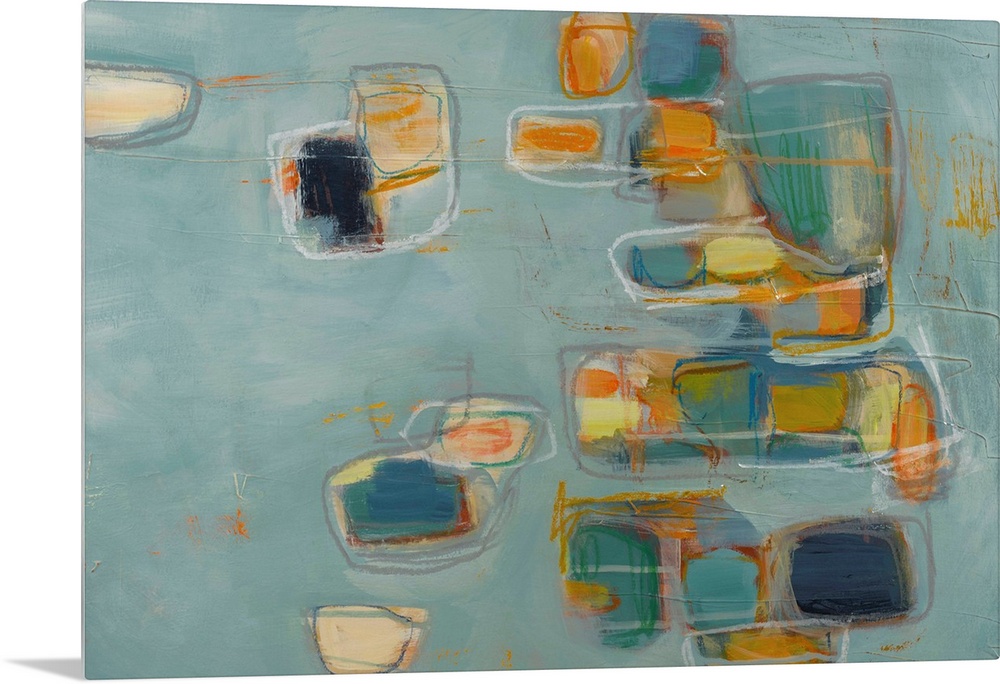Retro mid-century style abstract painting using soft geometric shapes and muted colors.