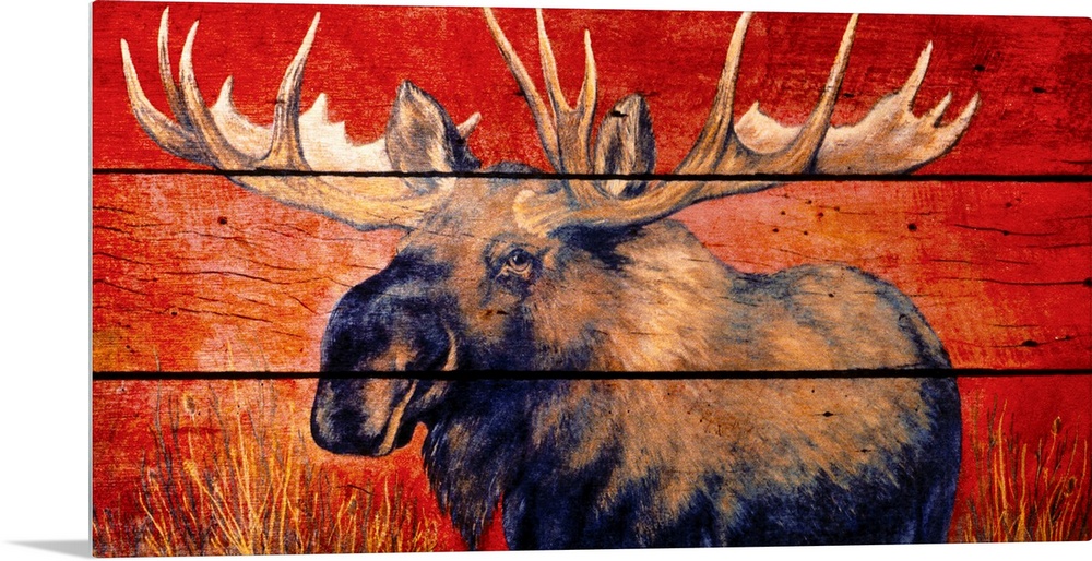 Panoramic wildlife art showcases an illustration of a moose that is separated by three horizontal rectangles.