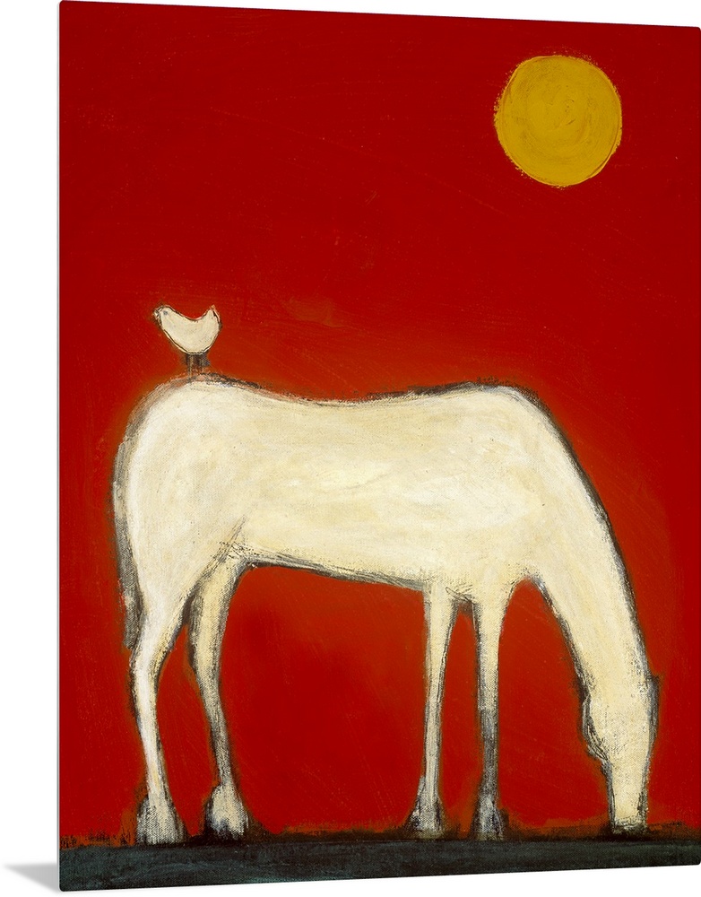 A large vertical contemporary painting of a white horse leaning over to eat with a small white bird standing on it's back.