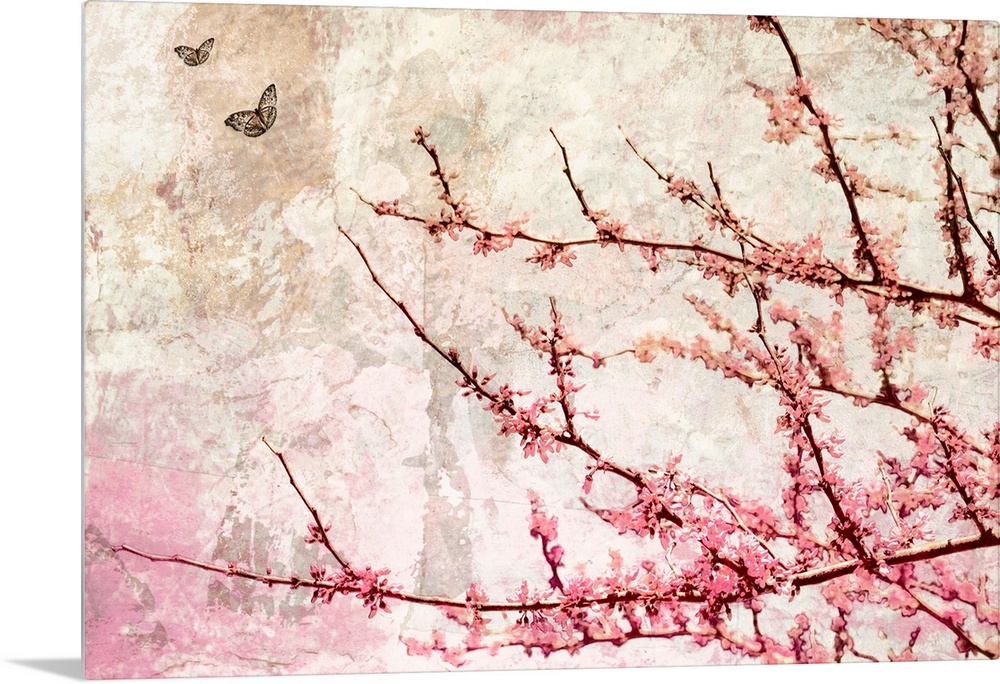 Contemporary artwork of tree branches covered in flowers with crackled background and two small butterflies in flight.