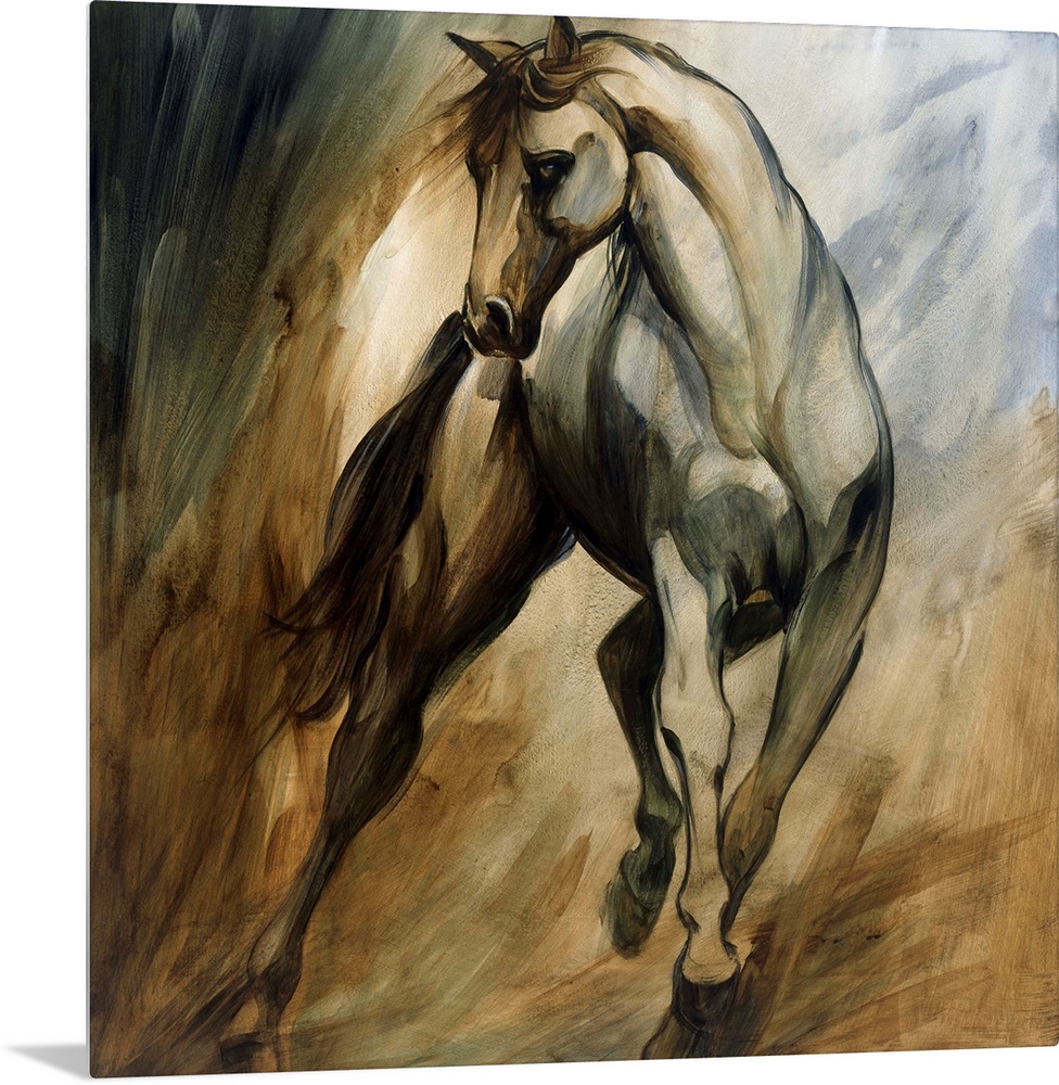 Huge monochromatic contemporary art shows a horse galloping among a fairly blank backdrop.