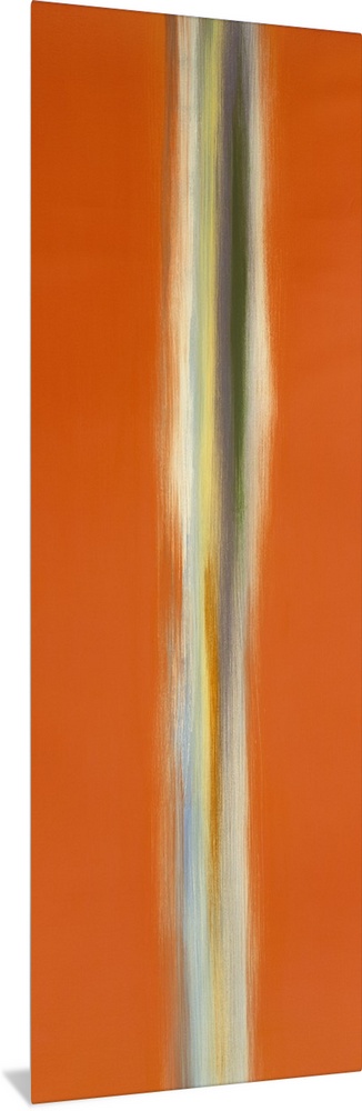 A tall vertical piece of abstract artwork that has orange on both sides with a neutral colored line down the middle.