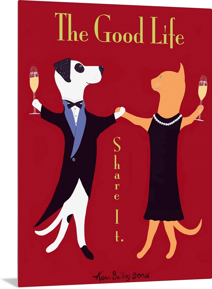 Huge retro art composed of a dog in a tuxedo and a cat in a dress enjoying a glass of champagne while they dance against a...