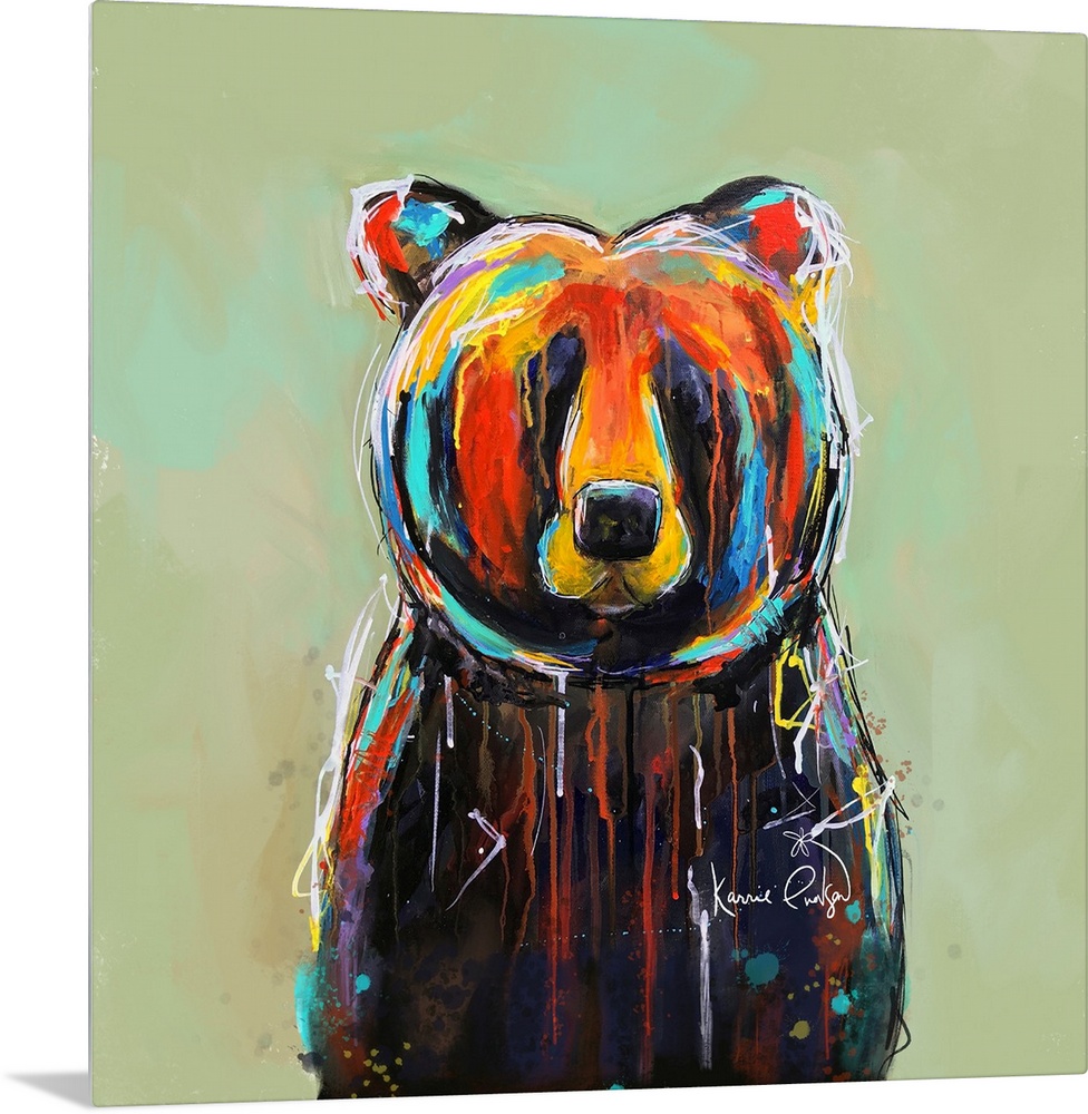 A contemporary painting of a colorful bear with accents shades of yellow, red and blue.