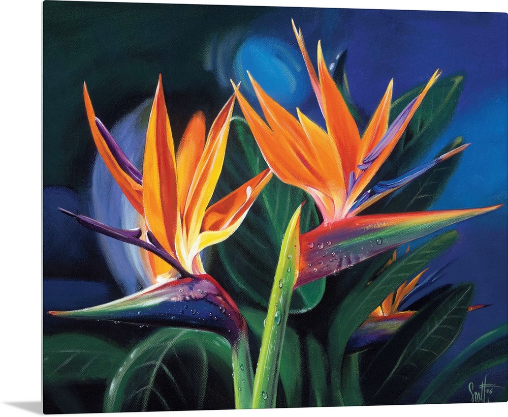 Wall docor of tropical flowers with vegetation in the background on canvas.