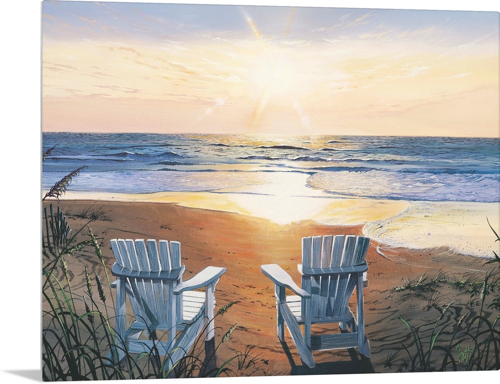 Painting of two beach chairs on sand near shoreline under a sunny sky.