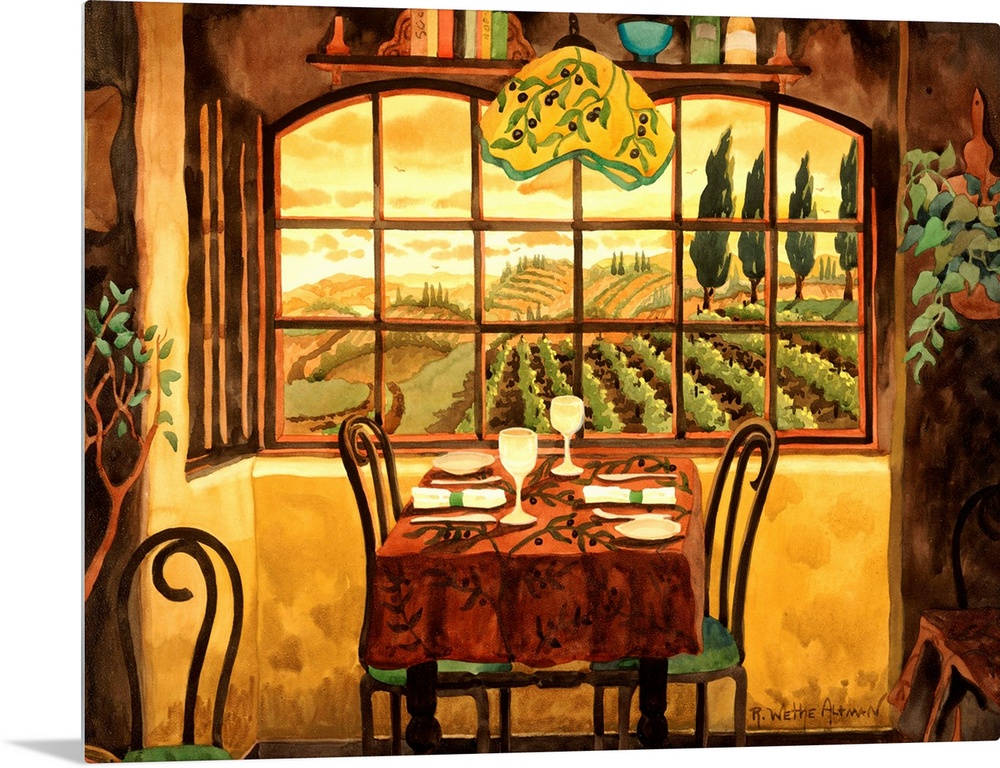 Painting of a table set for dinner inside a house by a window looking out over farmland. Warm, relaxing colors and tones d...