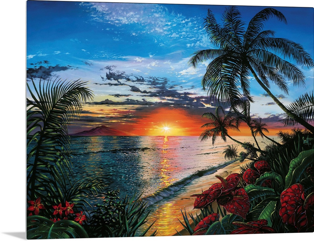 This contemporary painting shows a sunset far off in the distance with palm trees and other wild plants in the foreground.
