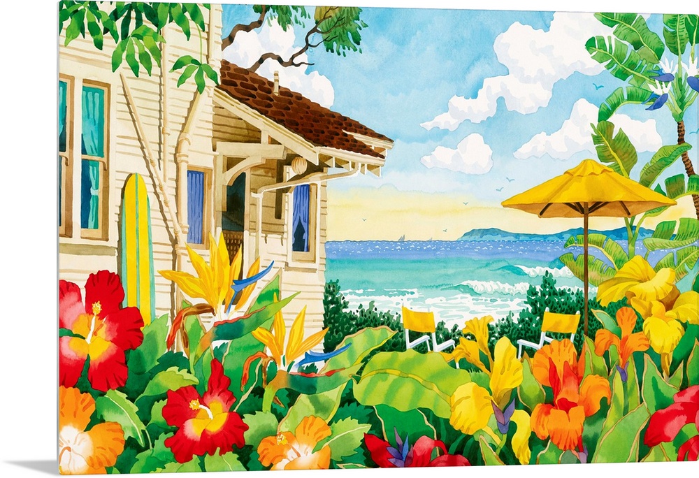 Huge contemporary art focuses on a beachside house surrounded by beautiful groups of boldly colored flowers, a surfboard l...