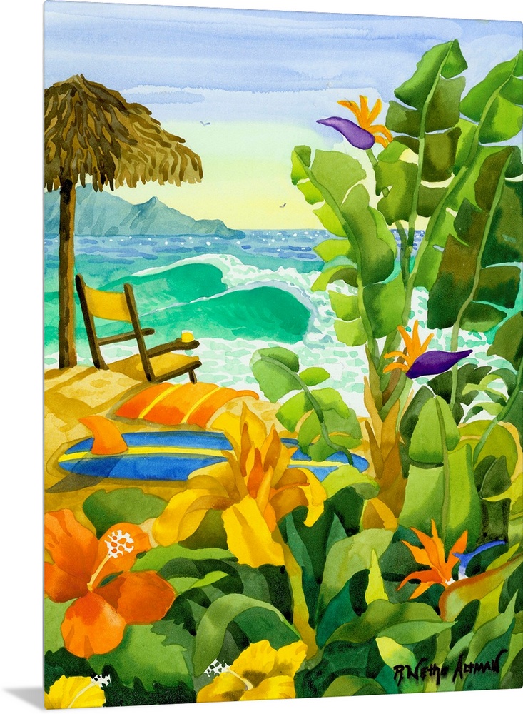 Tropical vegetation is painted in the foreground of this picture with a beach umbrella, chair, towel and surfboard laying ...