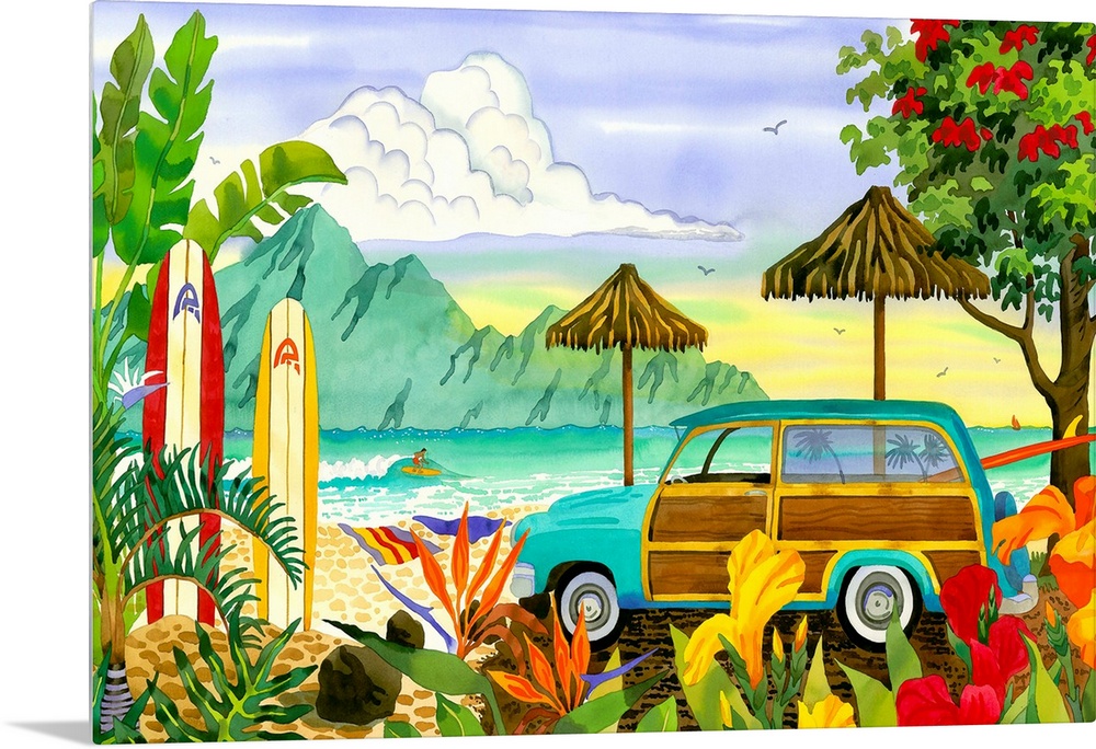 Big, horizontal canvas art of a woody station wagon parked near a beach with palms and brightly colored flowers, two umbre...