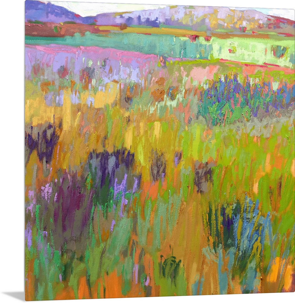 A square abstract of a field with flowers painted with brush strokes of vibrant colors.