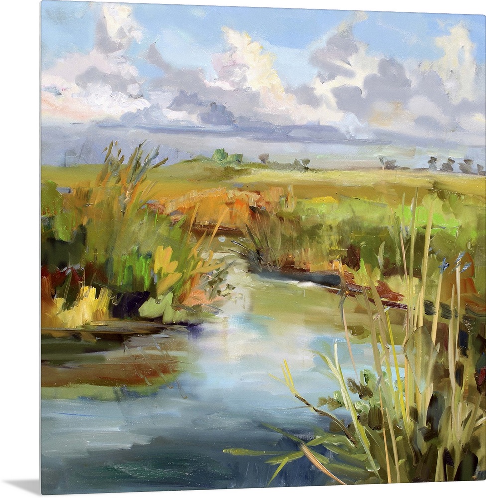 A contemporary painting of a marshland under a blue sky.