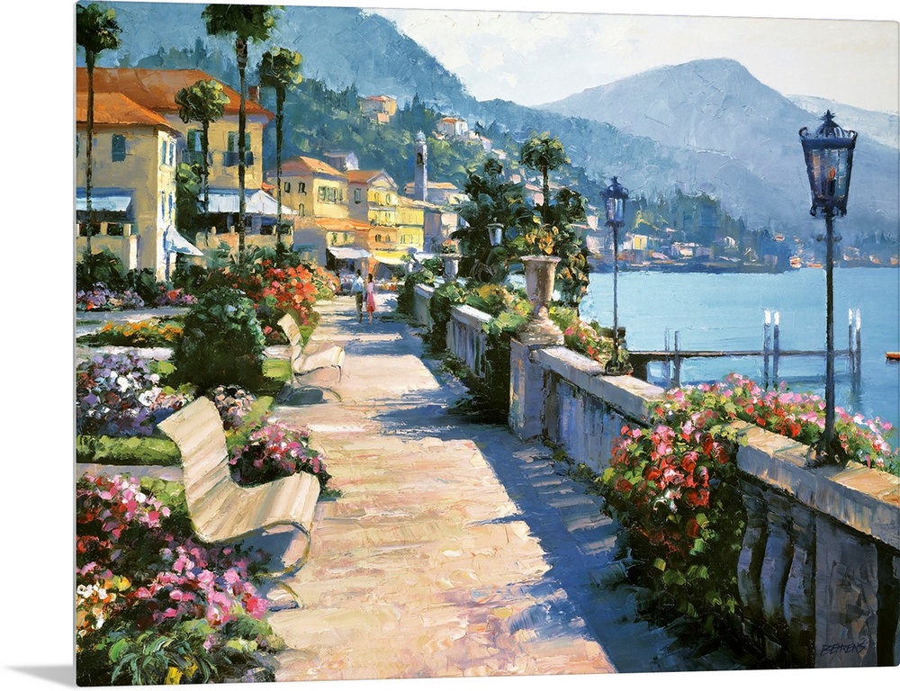 Beautiful and romantic painting featuring a waterfront walkway in the idyllic town of Bellagio, on the shores of Lake Como...
