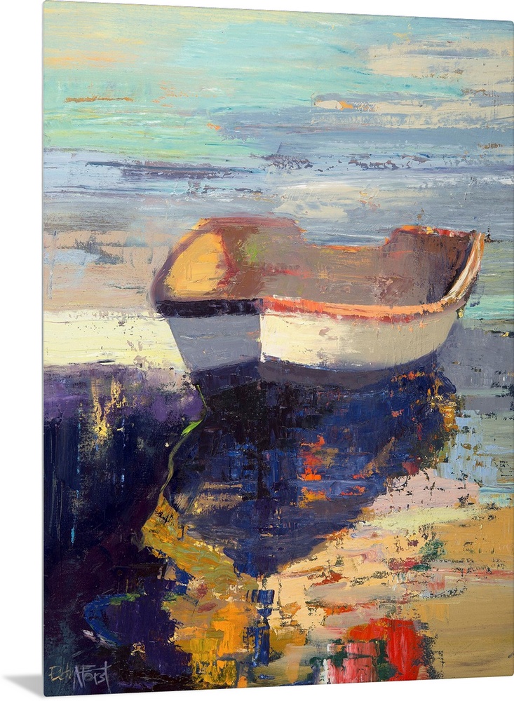 A contemporary coastal themed painting of a row boat sitting in still water.